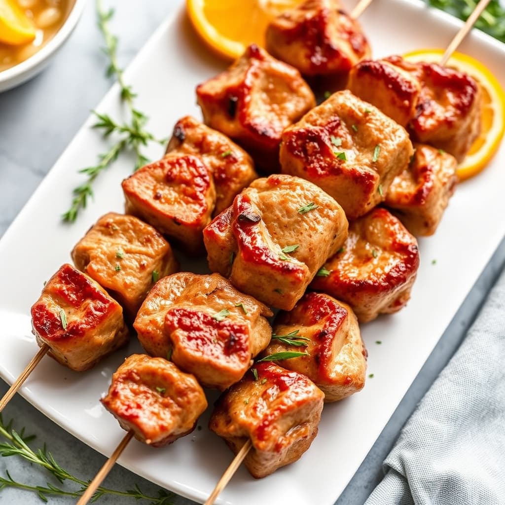 Kjøttkebab marinert i honning, rosmarin og appelsin