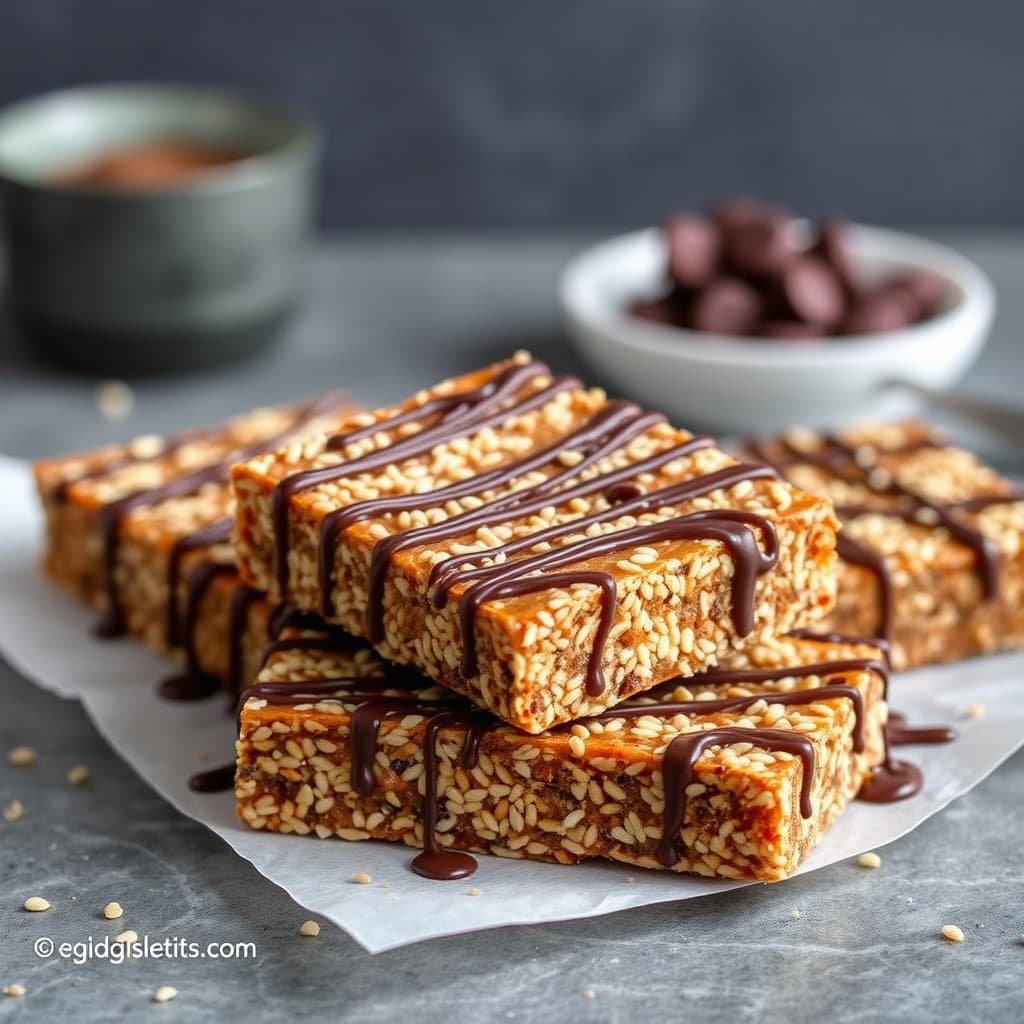 Klistrete sesambarer med rå sjokoladestrøssel