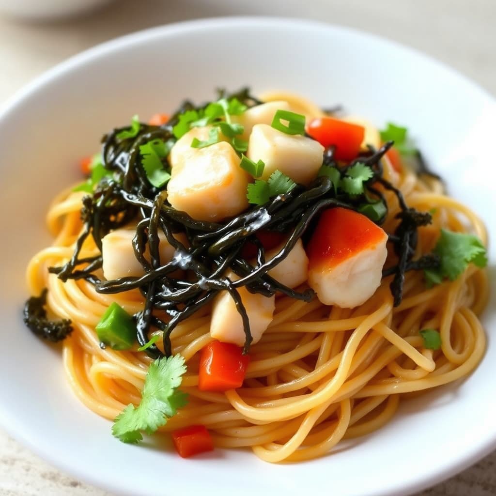 Klumsekrabbe- og tangsalat med stekte risnudler