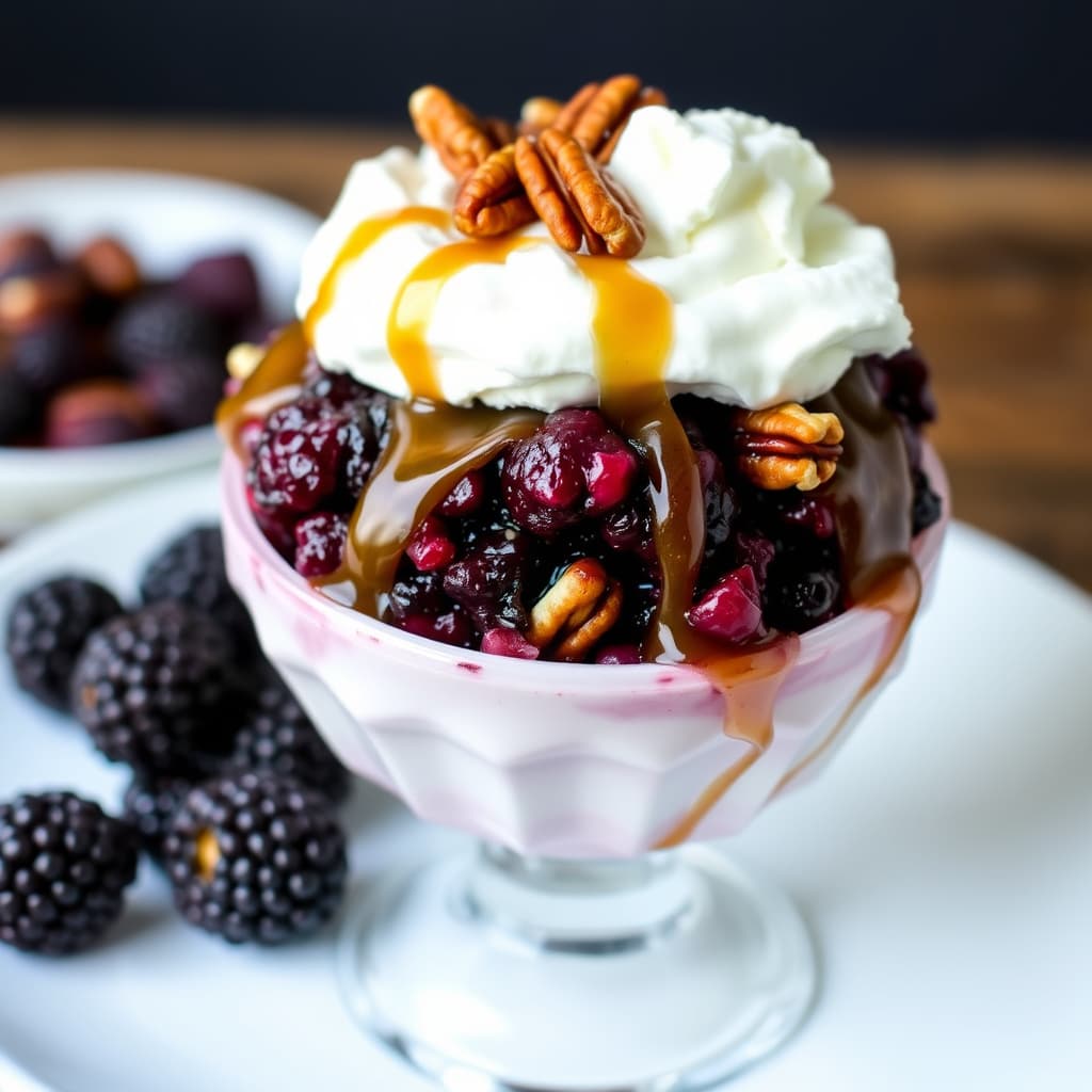 Knust bjørnebærsundae med ristet pekannøtt, karamellsaus og krem.