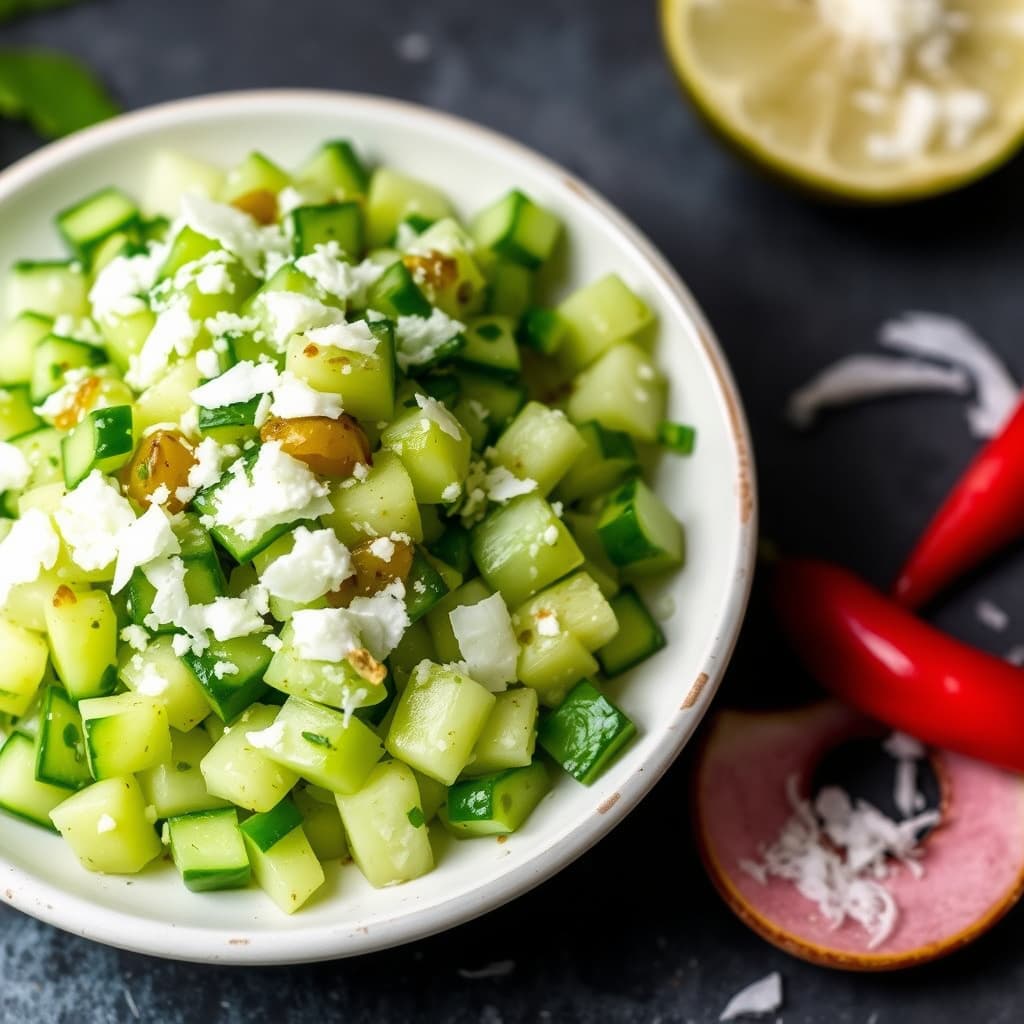 Knuste agurker med limepickles og kokosnøtt