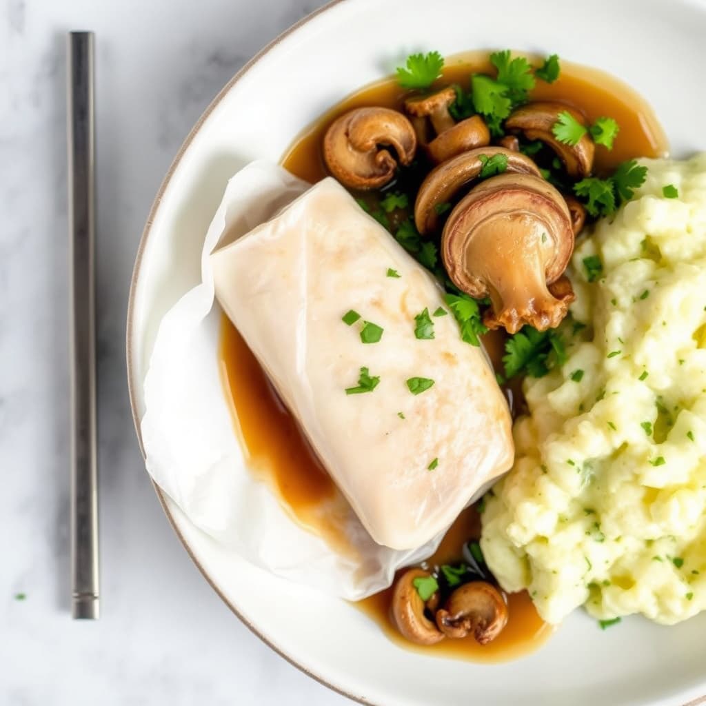 Kod innpakket i rispapir med shiitake- og østerssopp-saus og koriandermos.