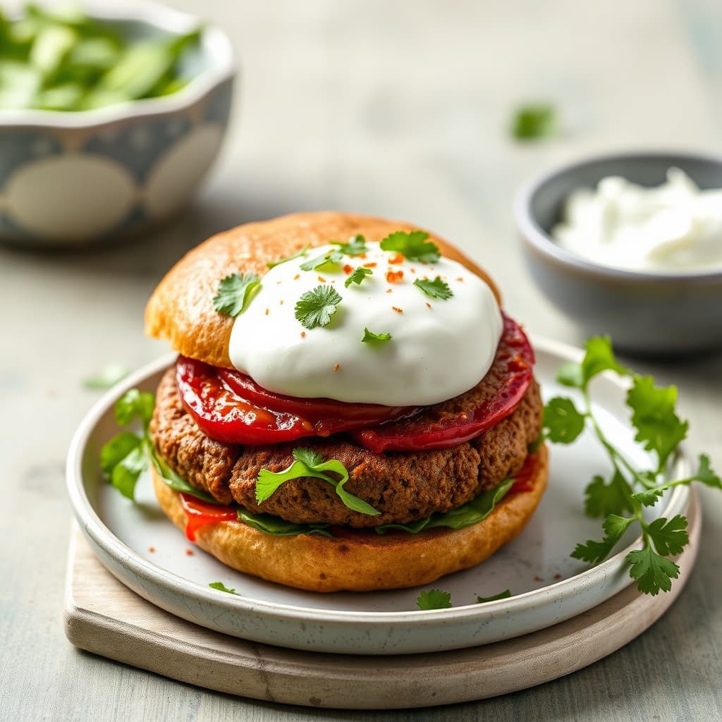 Kofteburger med harissa og yoghurt