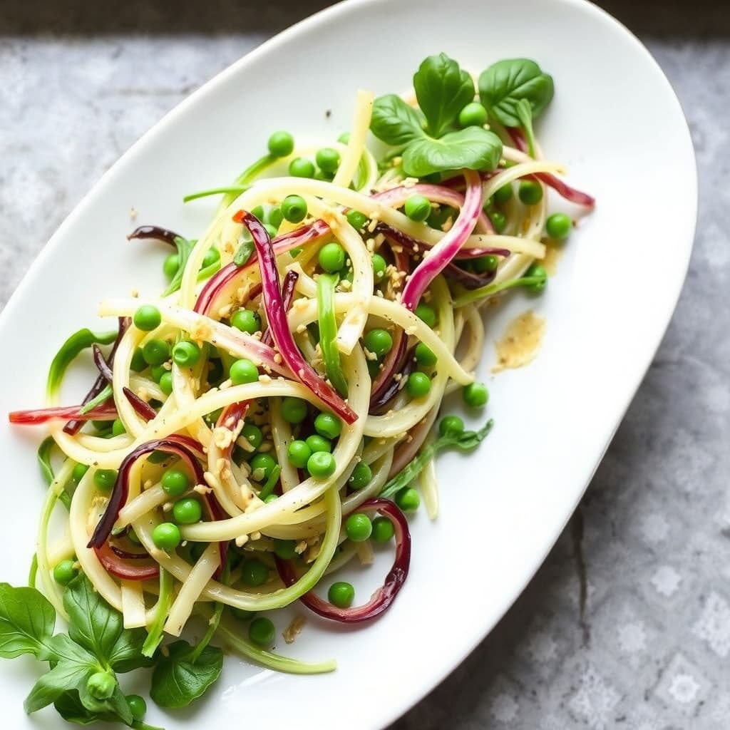 Kohlrabi i skiver og erteblader med sesamdressing