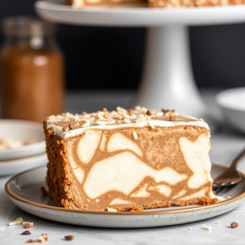 Kokos- og kaffemarmorerte iskake med vanilje- og sjokolademarmorering