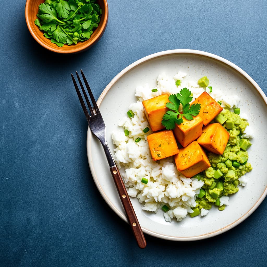 Kokos- og karri-tilberedt tofu med grønn jasminris