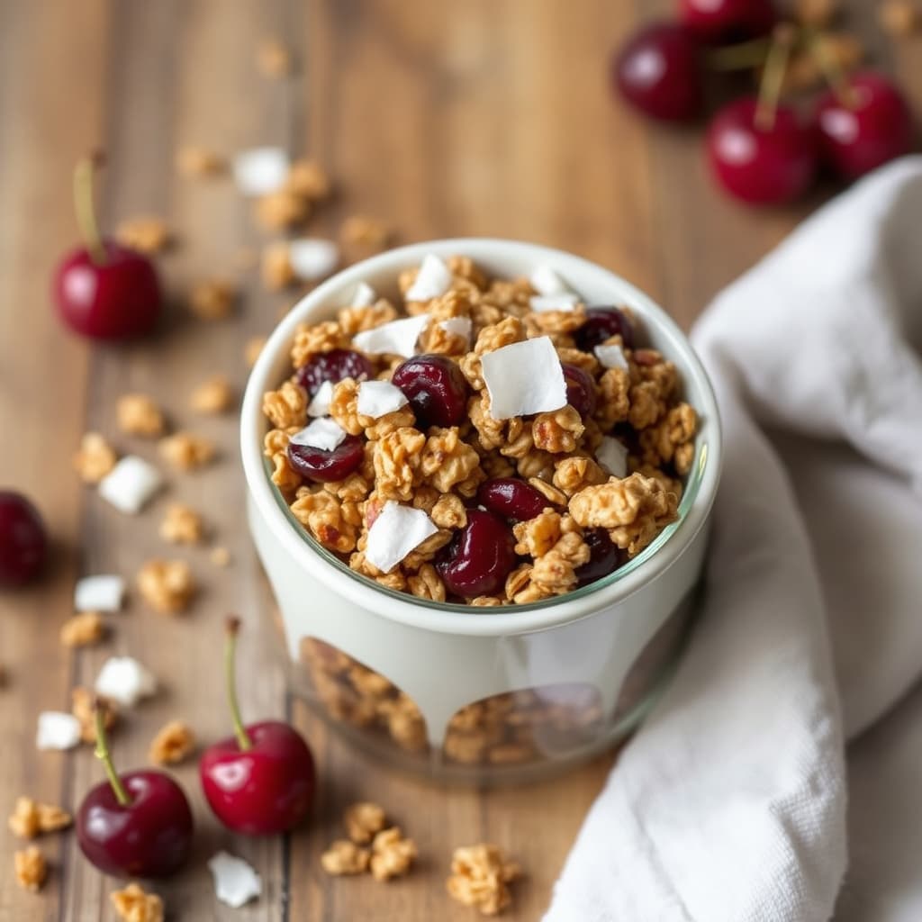 Kokos- og surkirsebærgranola