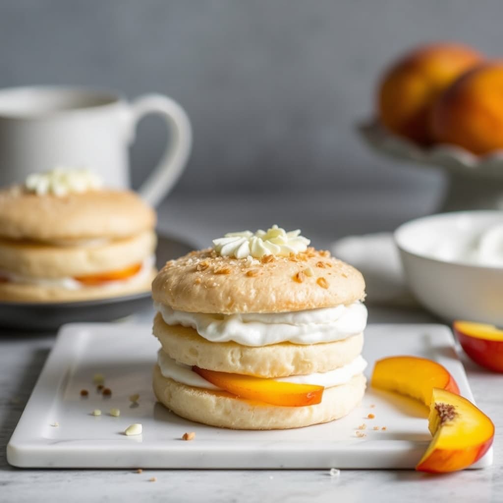 Kokosnøttkortkaker med fersken og hvit sjokoladekrem