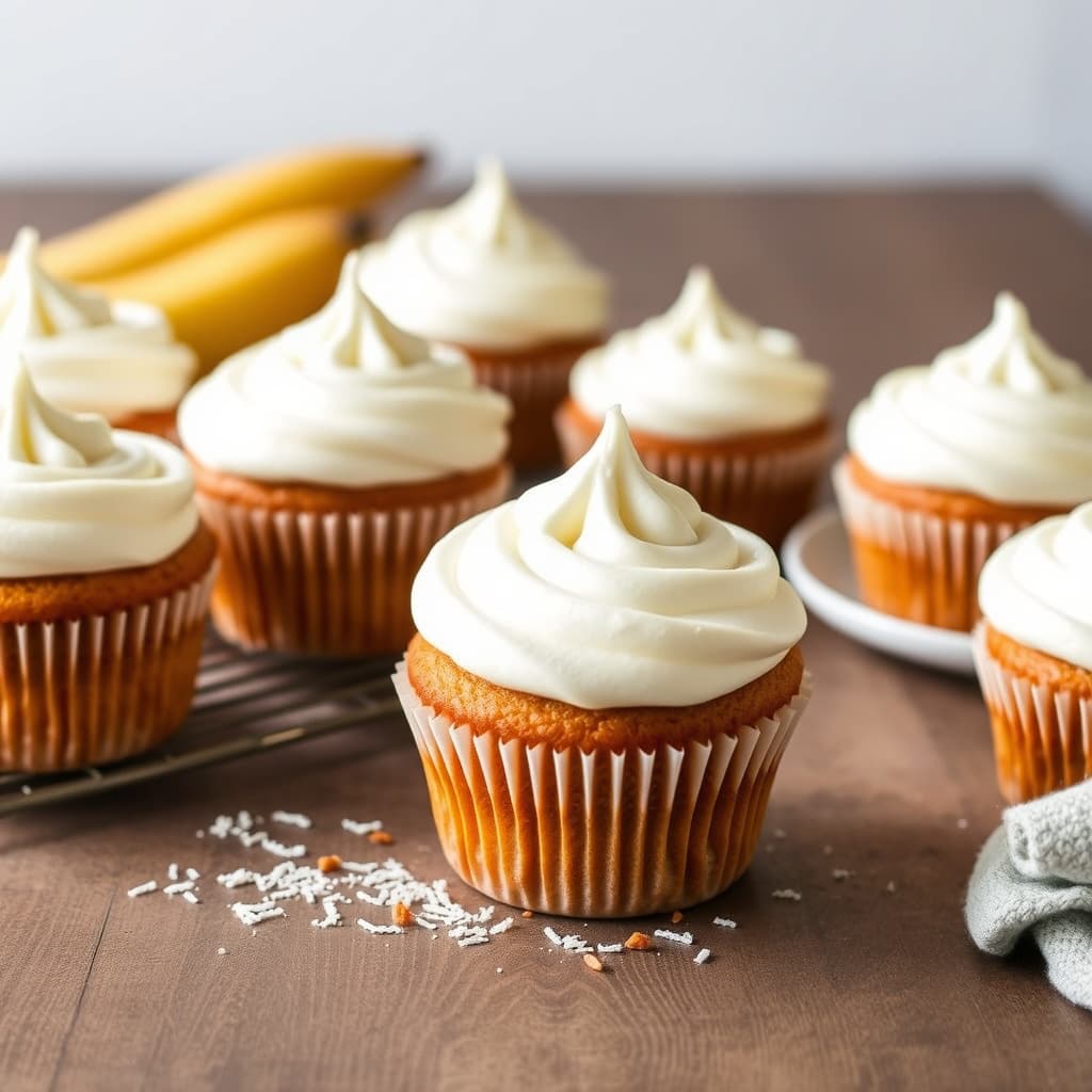 Kokossukker-gulrot-bananmuffins med kokos-sukker marengs-frosting