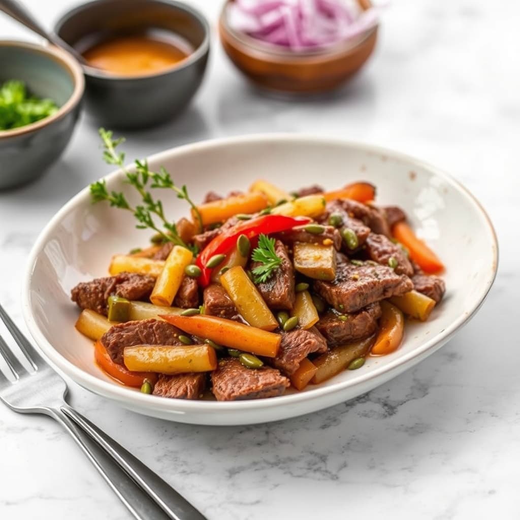 Kokt storfekjøtt med syltegrønnsaker og gresskarkern olje