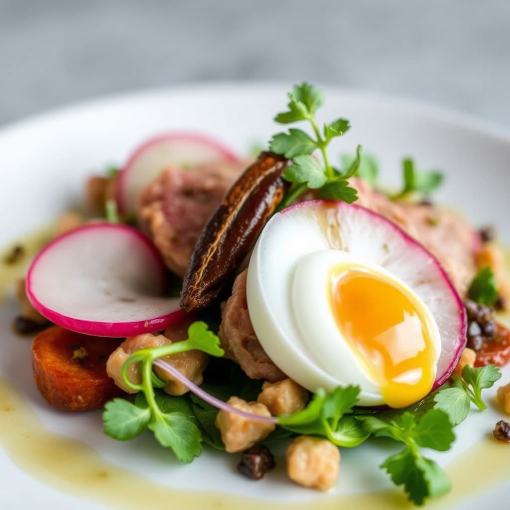 Komponert salat av kalvehjernen, reddik, ansjos og vaktelegg med smørvinaigrette