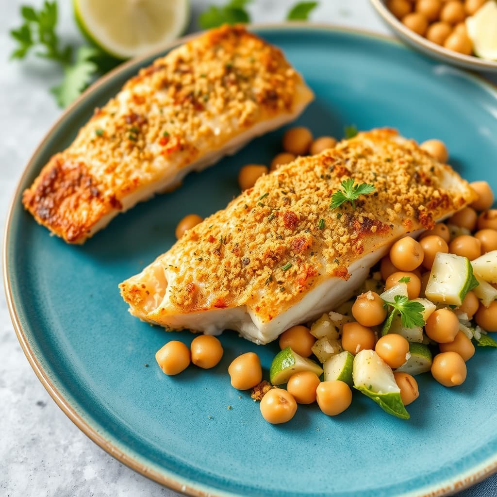 Koriander-krustet fisk med kikerte- og artisjokksalat