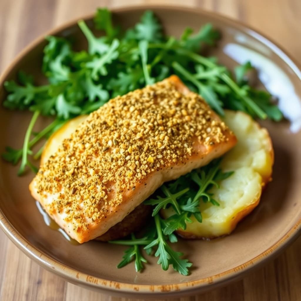 Koriander-krustet laks på varm potet og ruccola