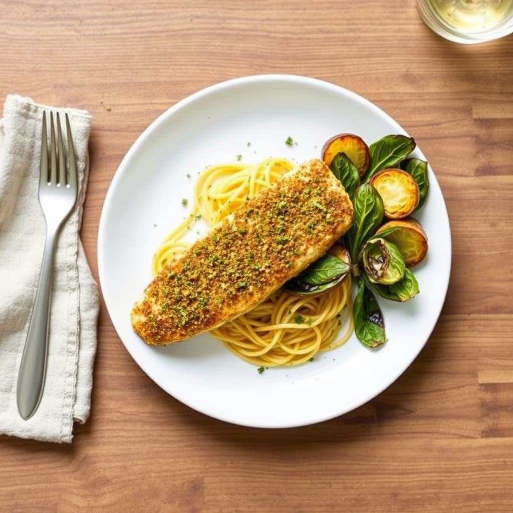 Koriander-krustet skate med spaghetti squash og sprøstekte rosenkålblader