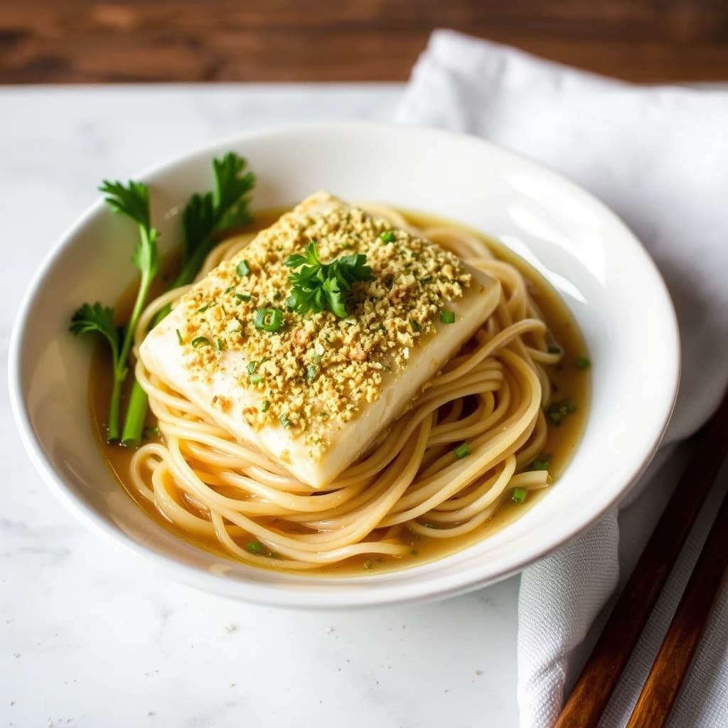 Koriander-ristet kveite med risnudler og ingefærbuljong