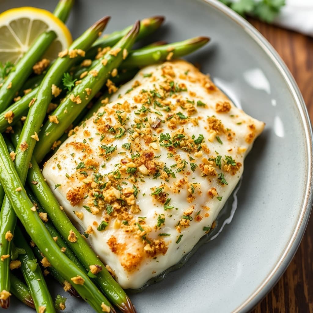 Korianderpanert arktisk ørret med grønne bønner