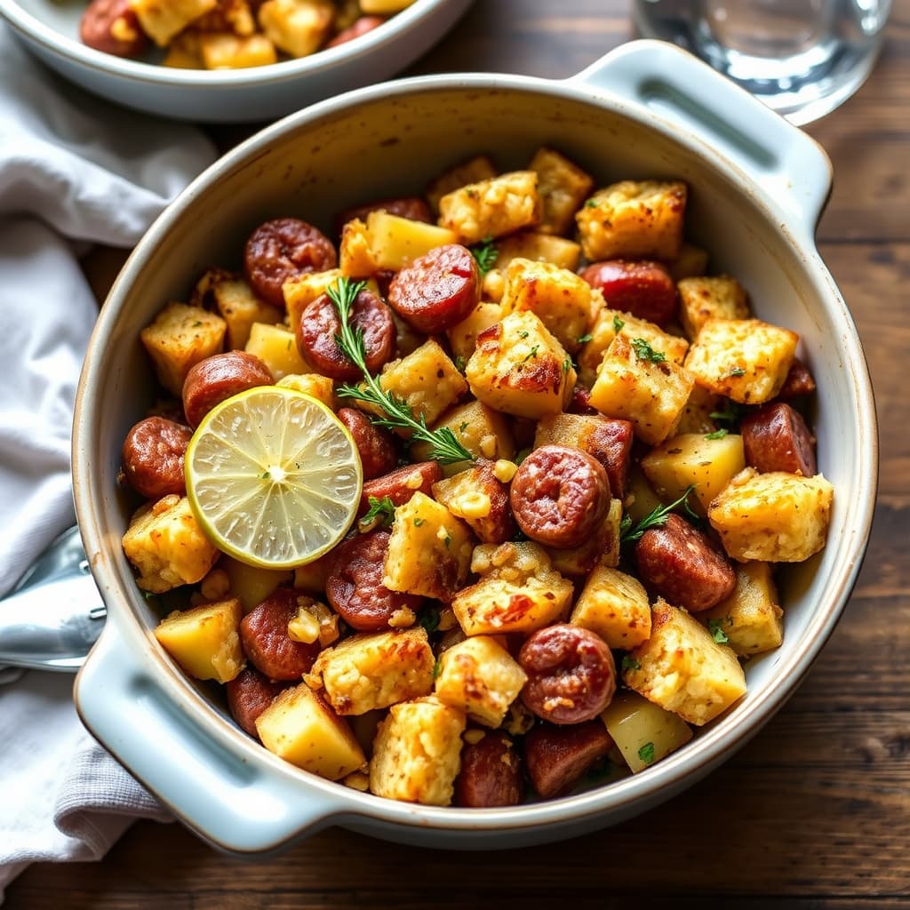 Kornbrød-fyll med pølse og epler