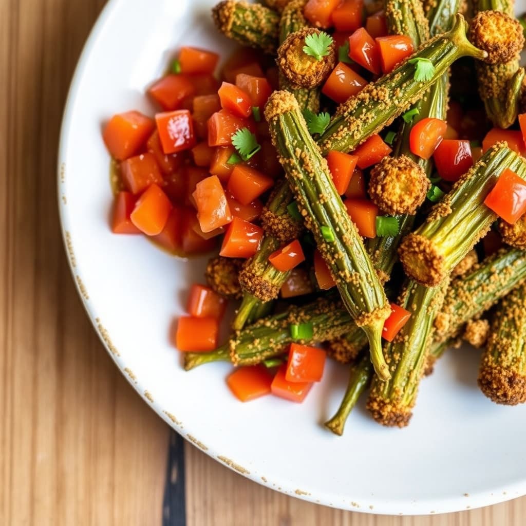 Kornmelstørrfrit Okra med sommertomat-relish