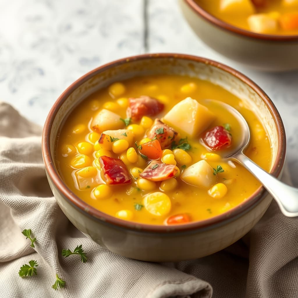 Kornsaus med poteter og røkt skinke