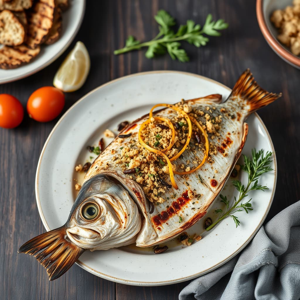 Korsikansk grillet hel fisk med brødsmuler og ansjoser