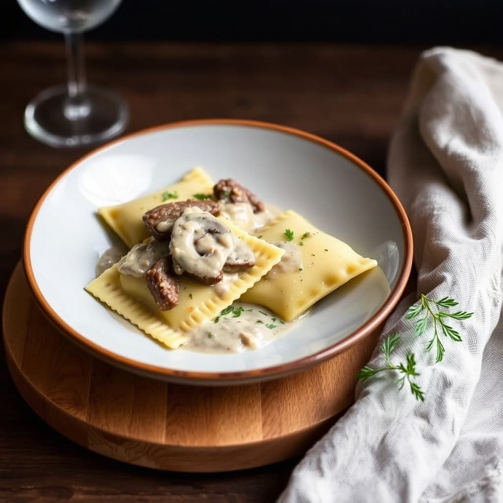 Kort ribbe-ravioli og kremet soppsaus