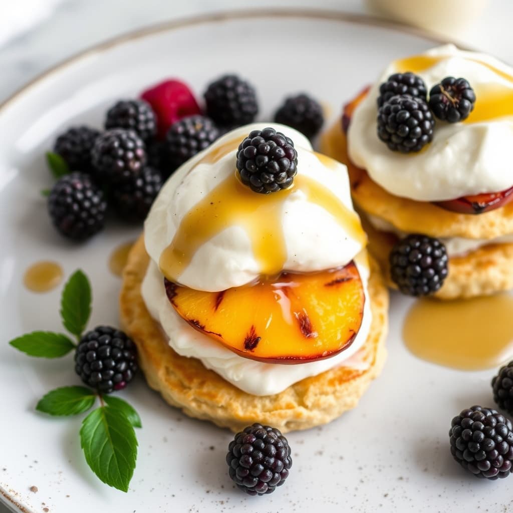 Kortkaker med grillede fersken, søt ricottakrem, trøffelhonning og huckleberries