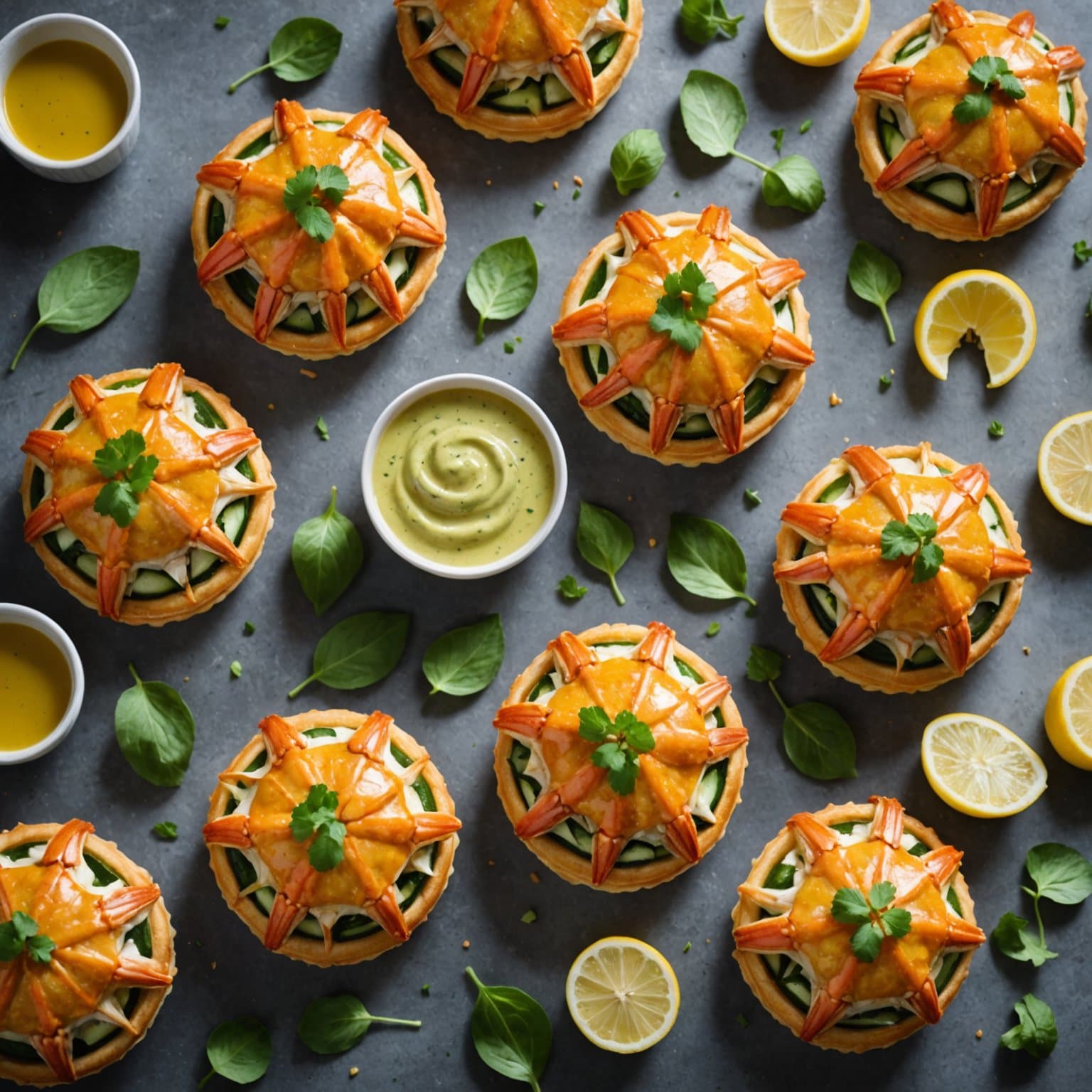 Krabbe- og agurkpastryer med sennepssaus