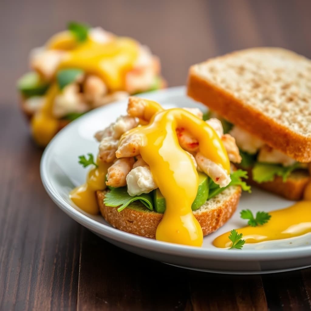 Krabbe- og avokadosandwiches med mangocoulis