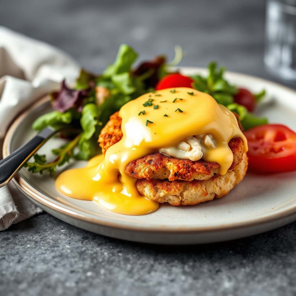 Krabbekake Benedict med Old Bay Hollandaise på Johnnycakes