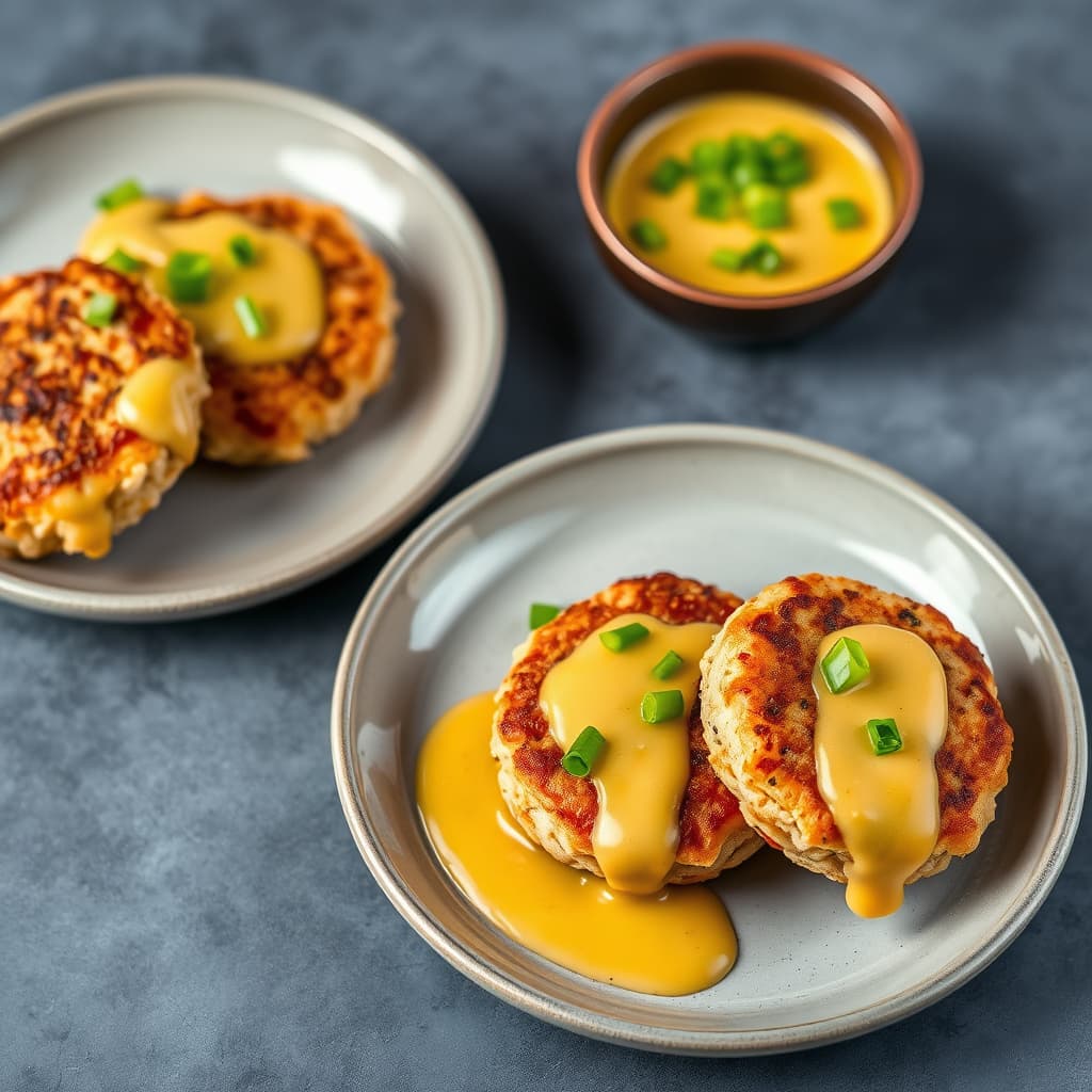 Krabbekaker med grov sennep og vårløkssaus