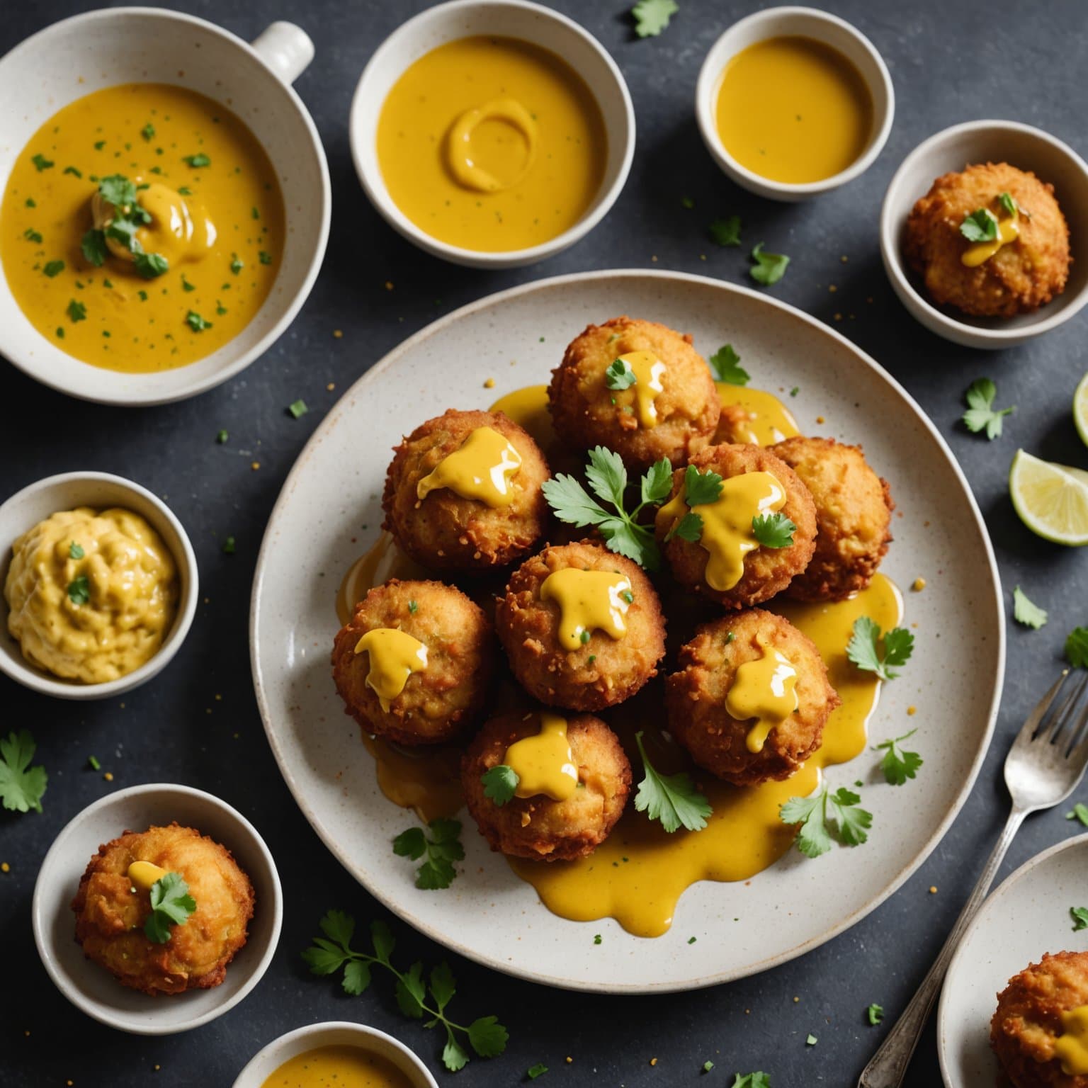 Krabbekaker med hush puppies og krydret honning- og sennepssaus