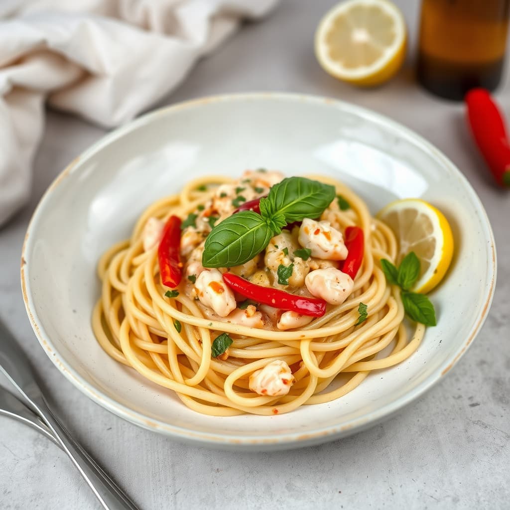 Krabbepasta med basilikum, sitron og chili