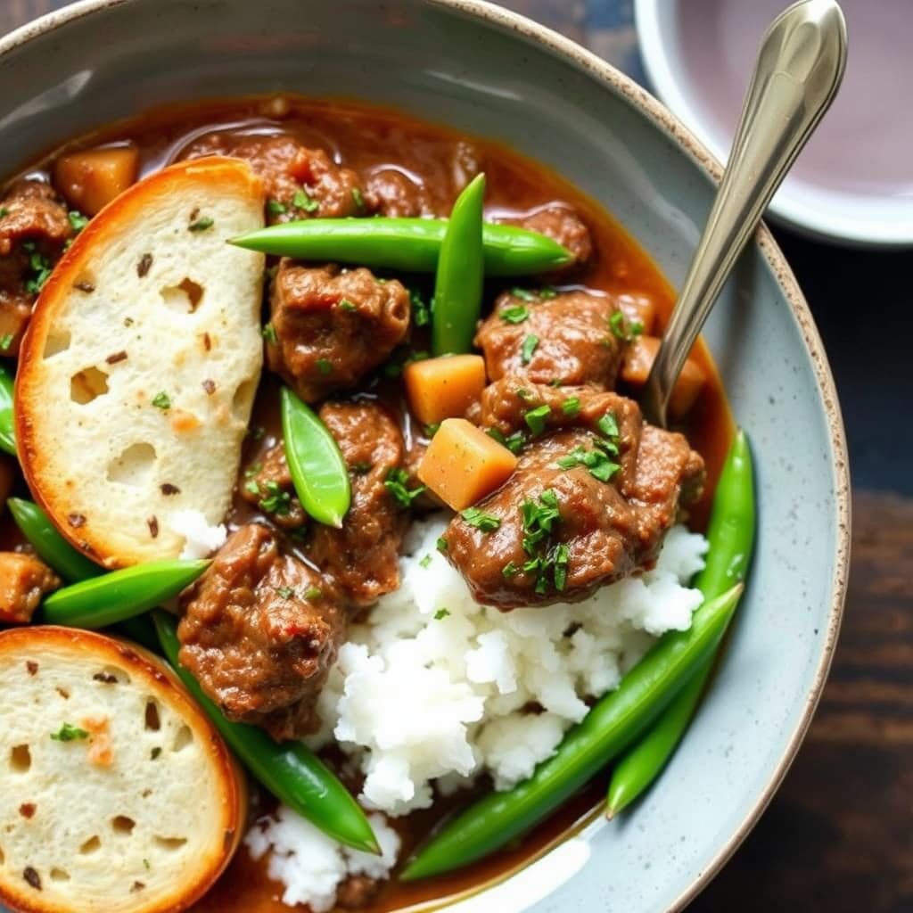 Kraftig gryte med okse og sukkererter