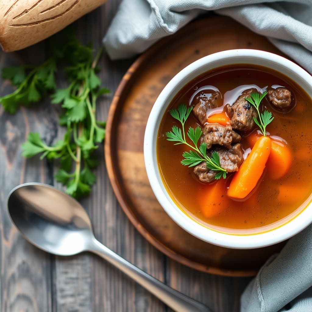 Kraftig oksebuljong med gulrot