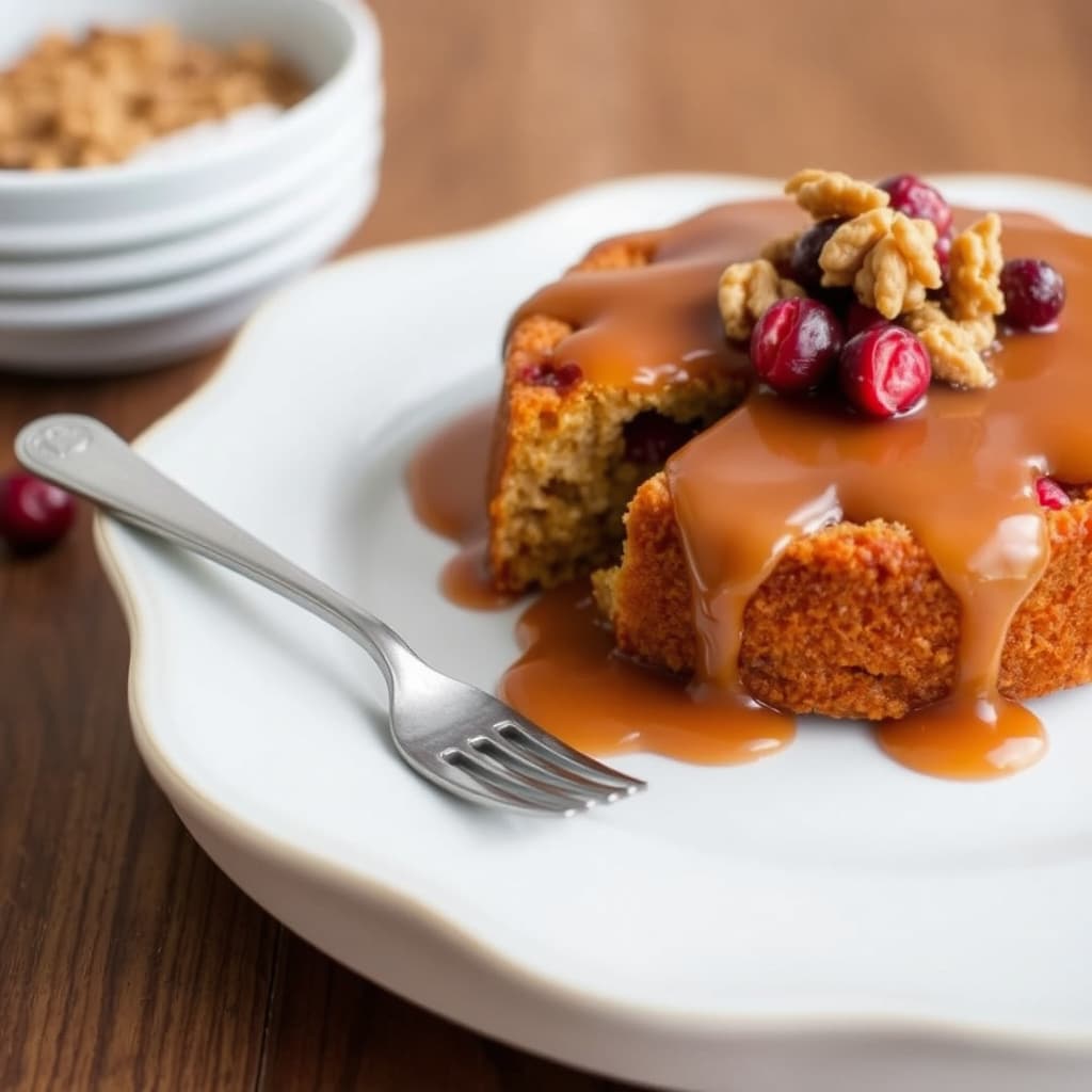 Kranebær- og maismel-kake med karamell- og valnøtttopping-saus