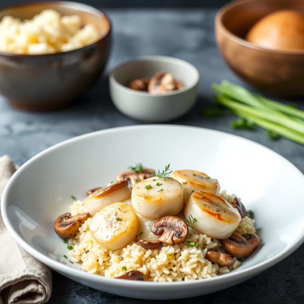 Kremede kamskjell og sopp med ris