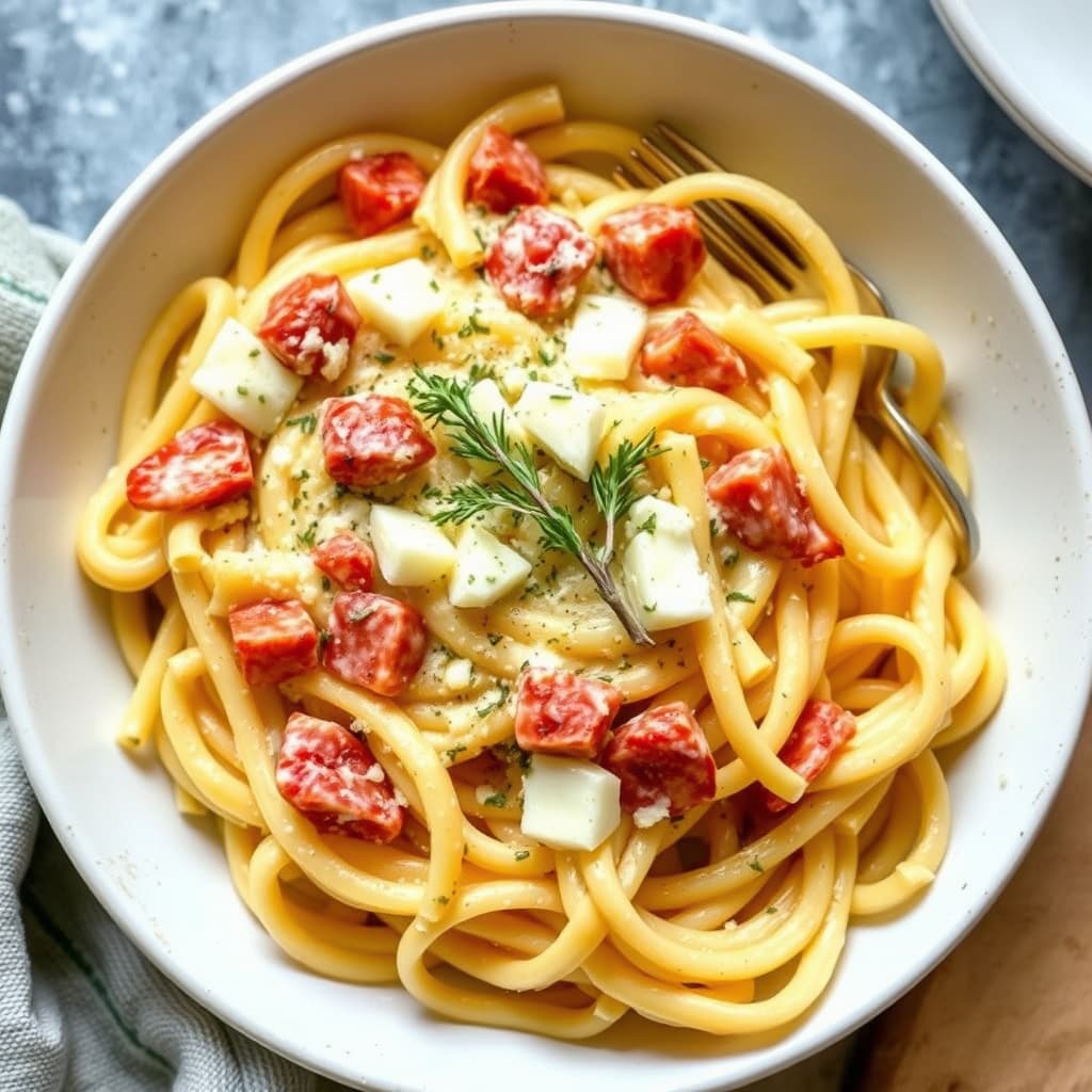 Kremet baket fettucine med asiagoost og timian