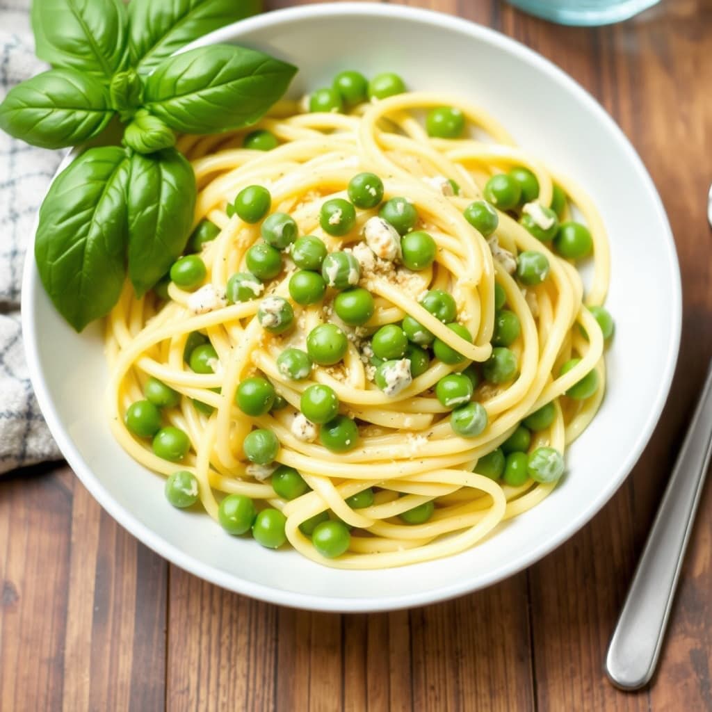 Kremet fettucine med erter og basilikum