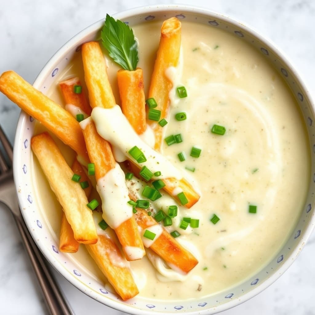 Kremet frityrsuppe med potetstaver og vårløk