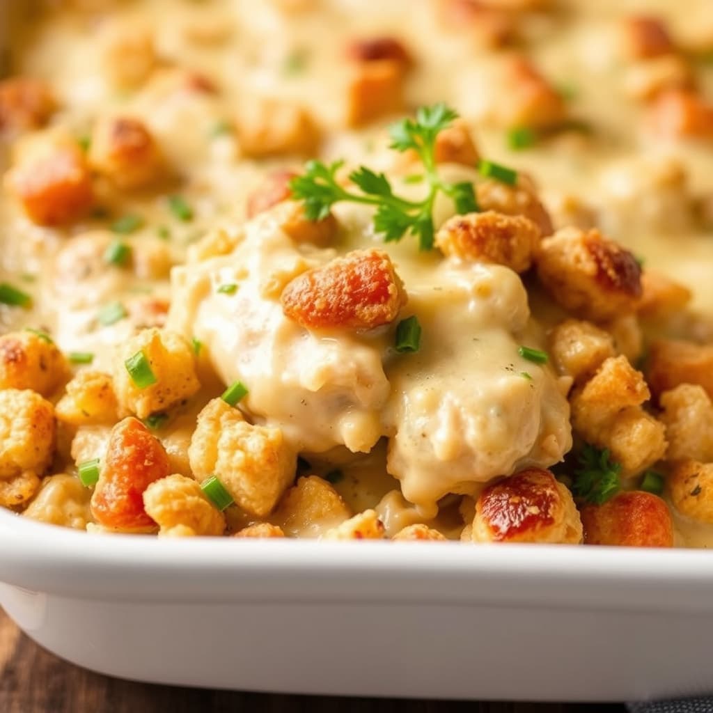 Kremet kylling- og stuffinggrateng