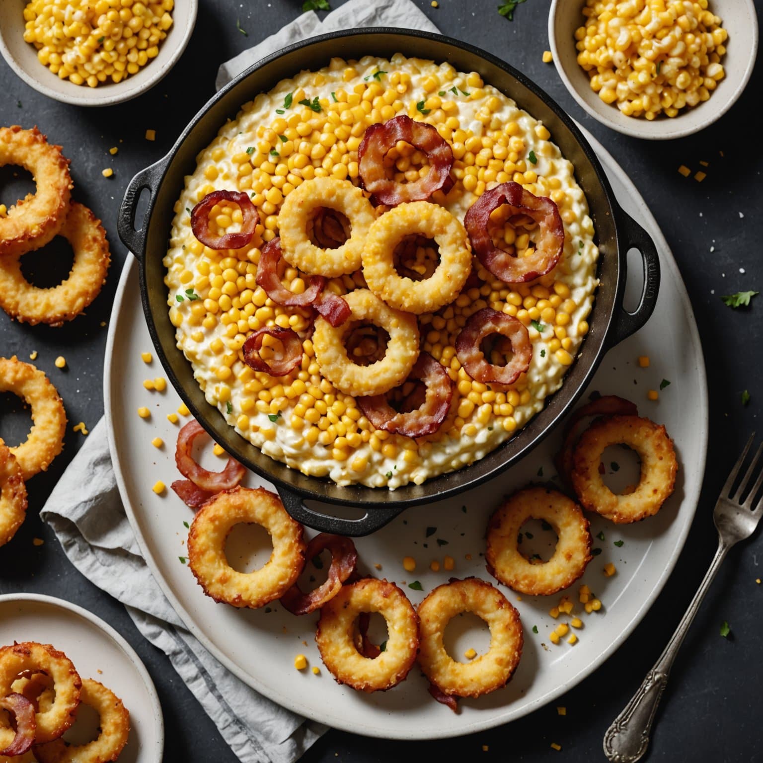 Kremet maisgrateng med sprøstekte løkringer og bacon