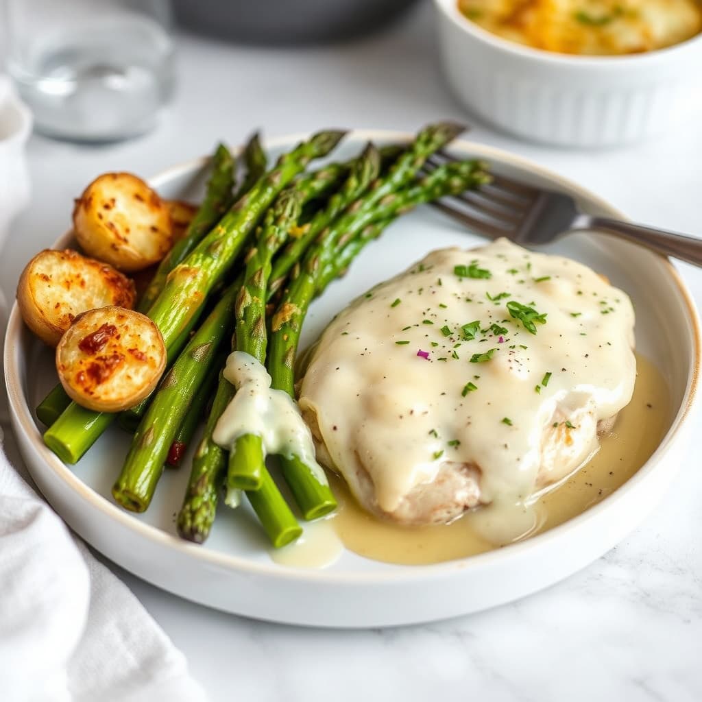 Kremet pochert kylling med aspargesspiss og sprø potetgrateng
