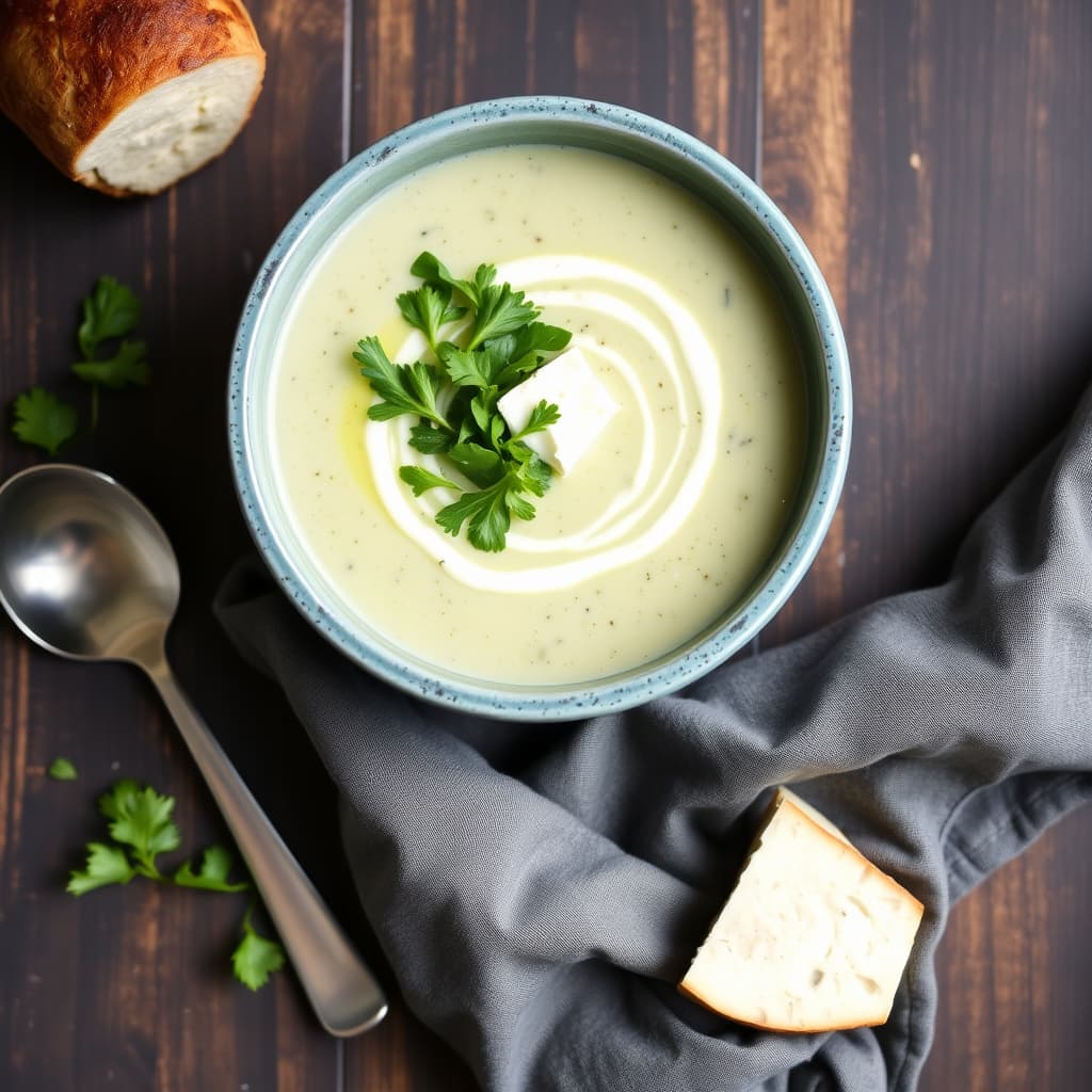 Kremet ruccola- og salatssuppe med geitost