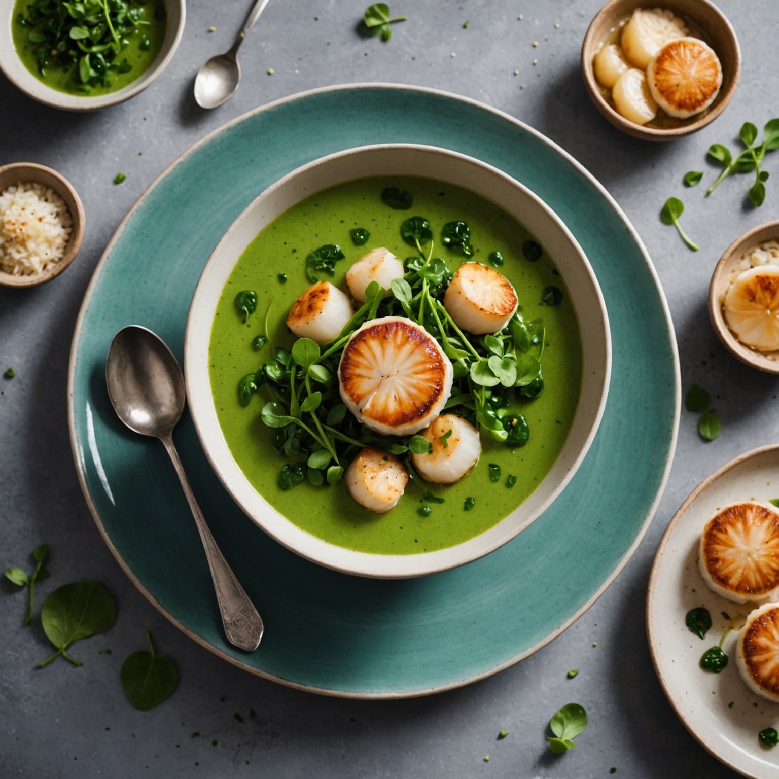 Kremet vannkresssuppe med stekte kamskjell