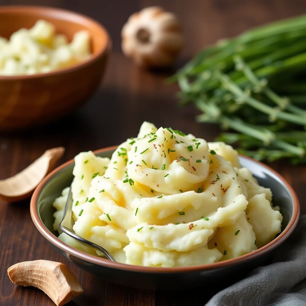Kremete potetmos med gressløk og hvitløk
