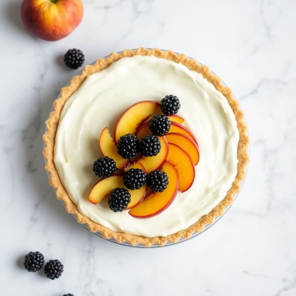 Kremostpai toppet med fersken og bjørnebær