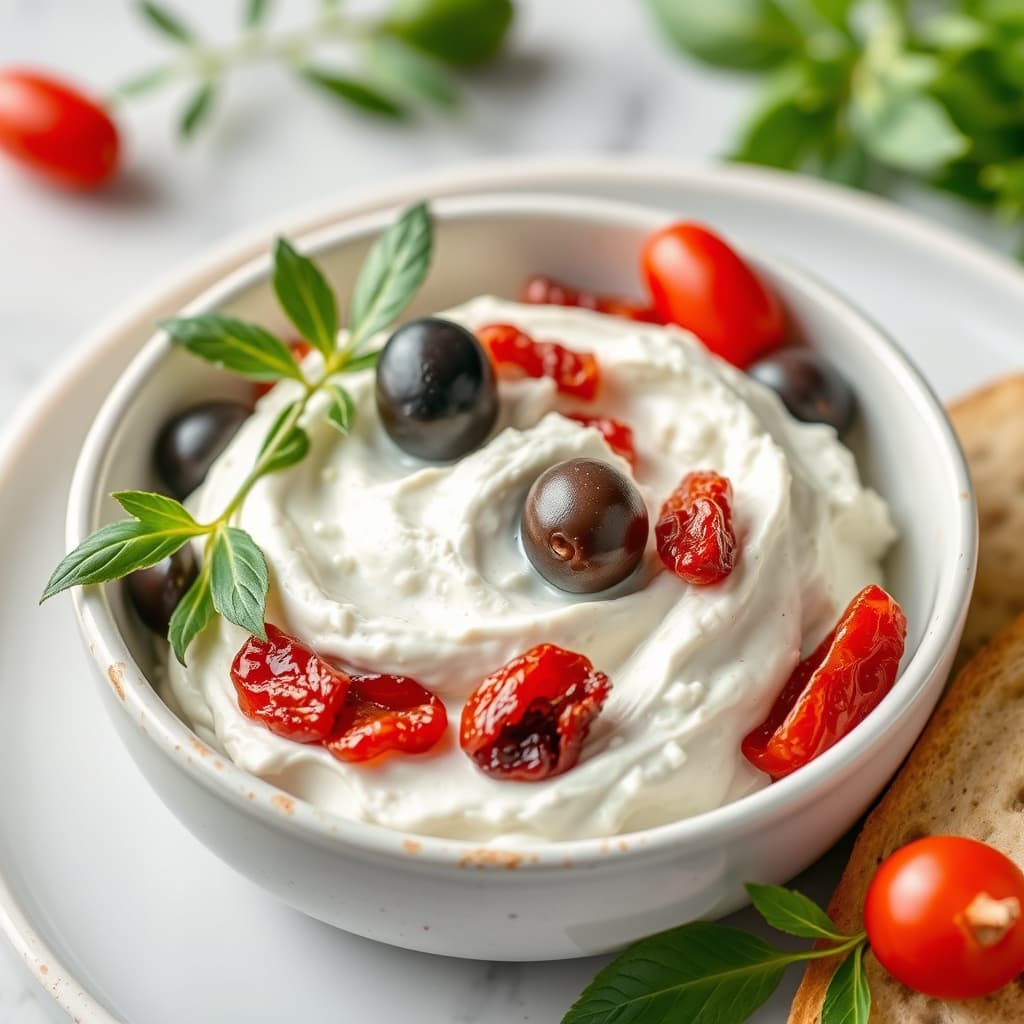 Kremostspredning med oliven og soltørkede tomater