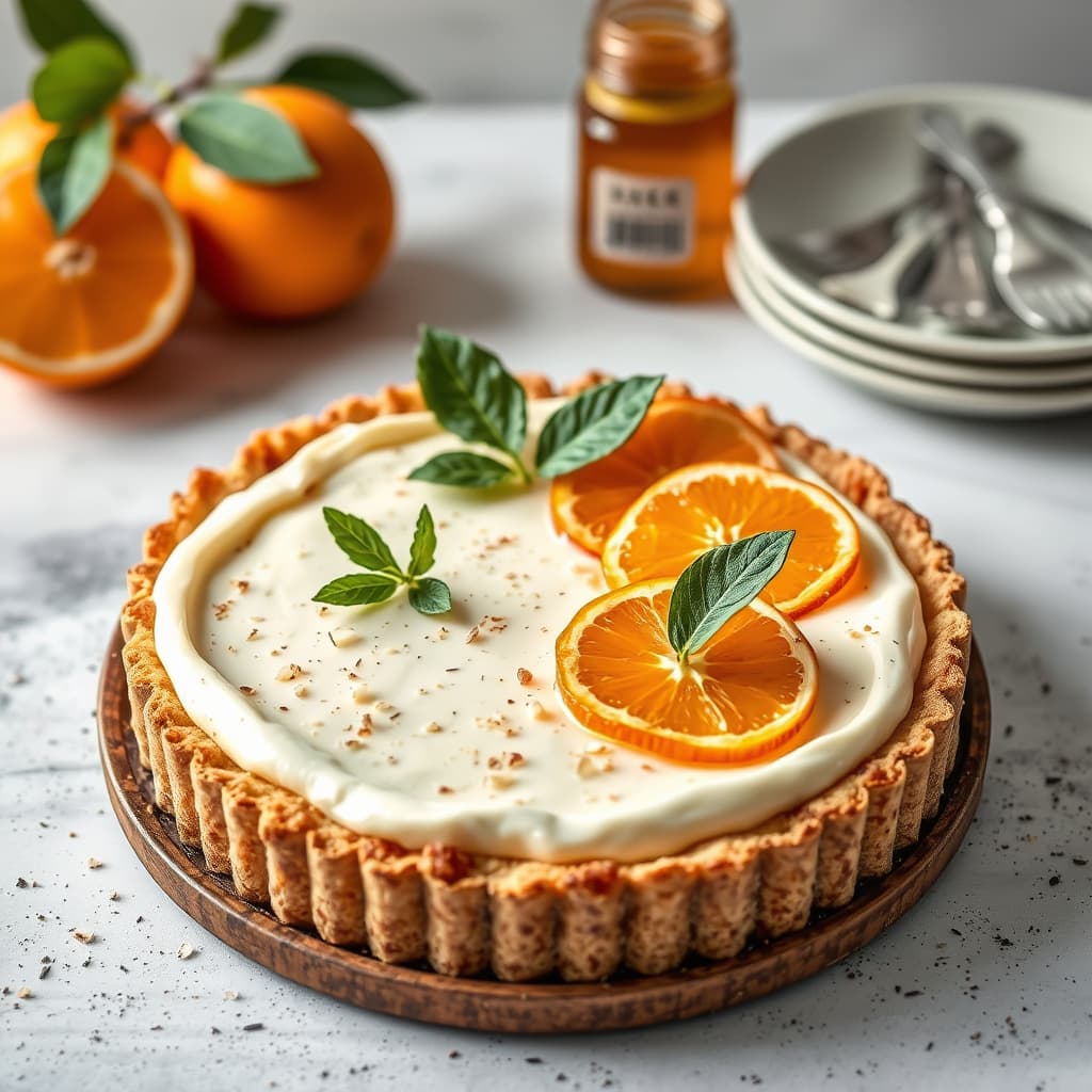 Kremtart med appelsiner, honning og ristet mandelbunn