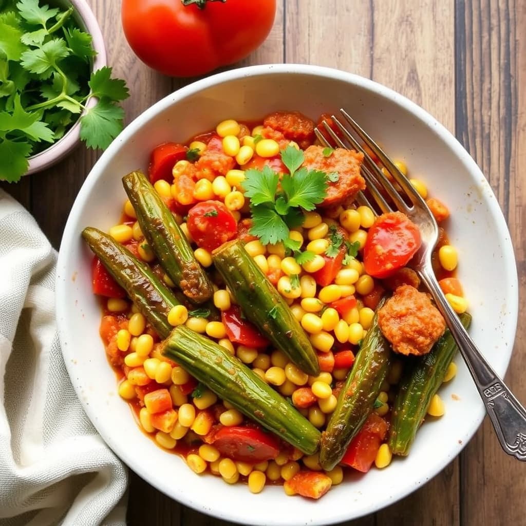 Kreolsk-inspirert mais og tomat med stekt okra