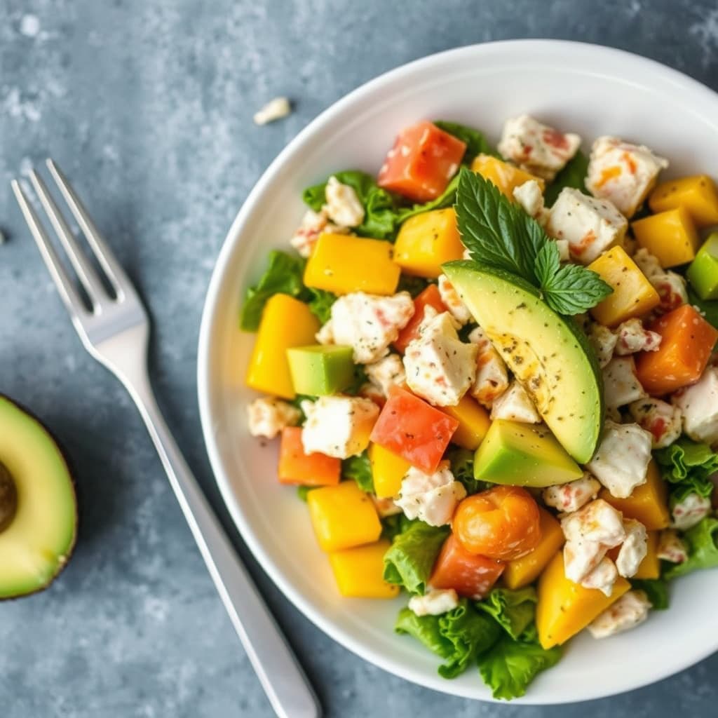 Kreps-, mango- og avokadosalat med sitrusdressing